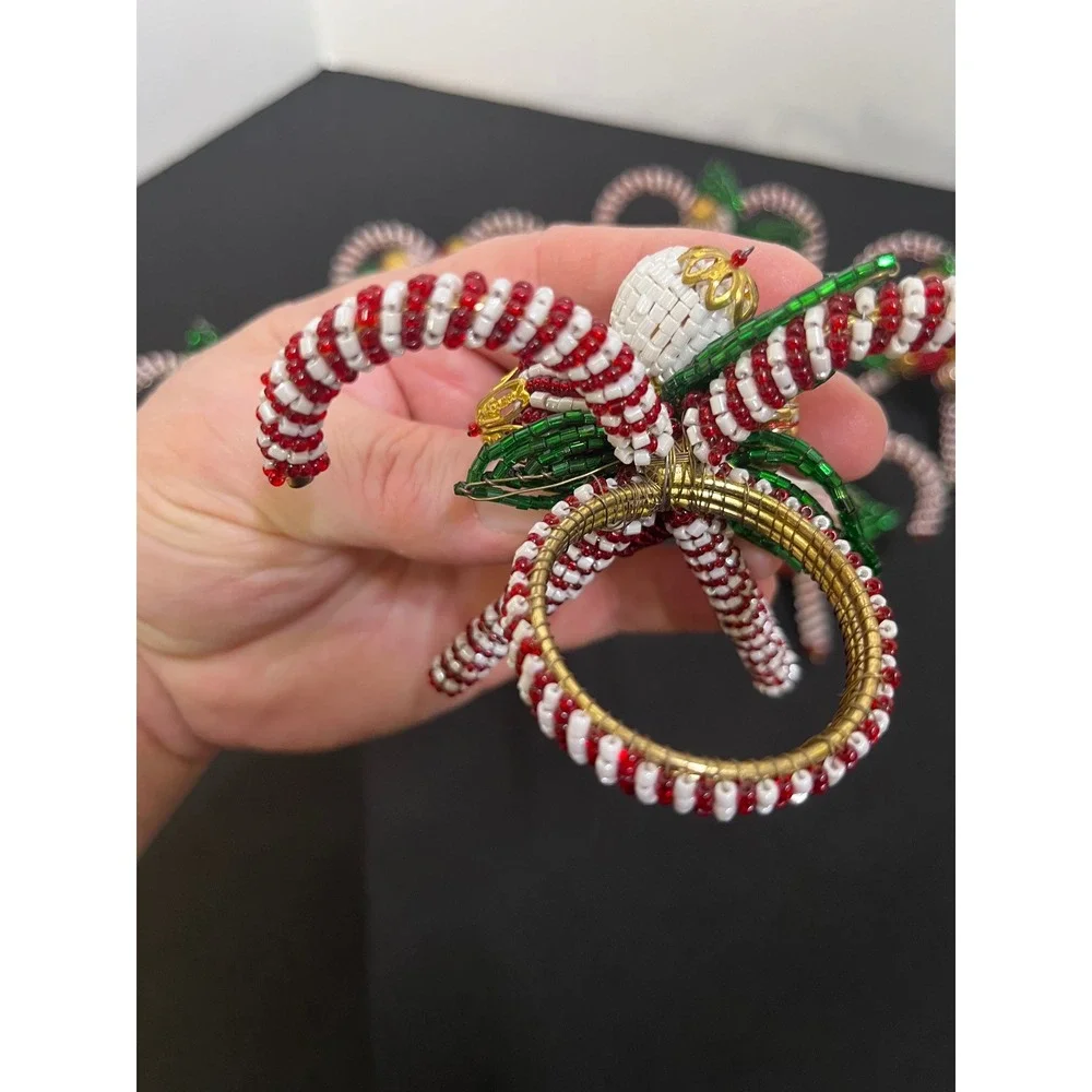 Vintage Christmas Beaded Candy Cane Napkin Rings Set of 6 Red White Green Holly
